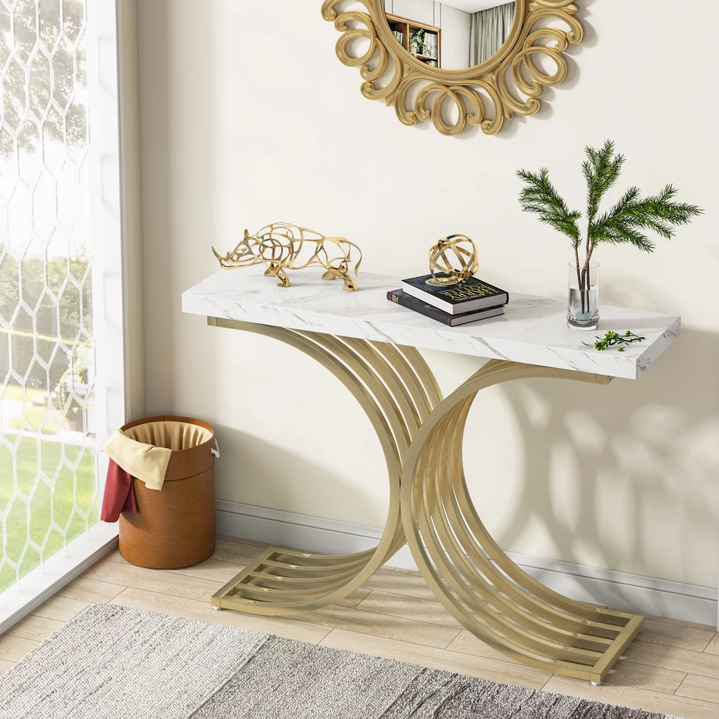 Gold and White Narrow Console Table with Faux Marble Top P3536