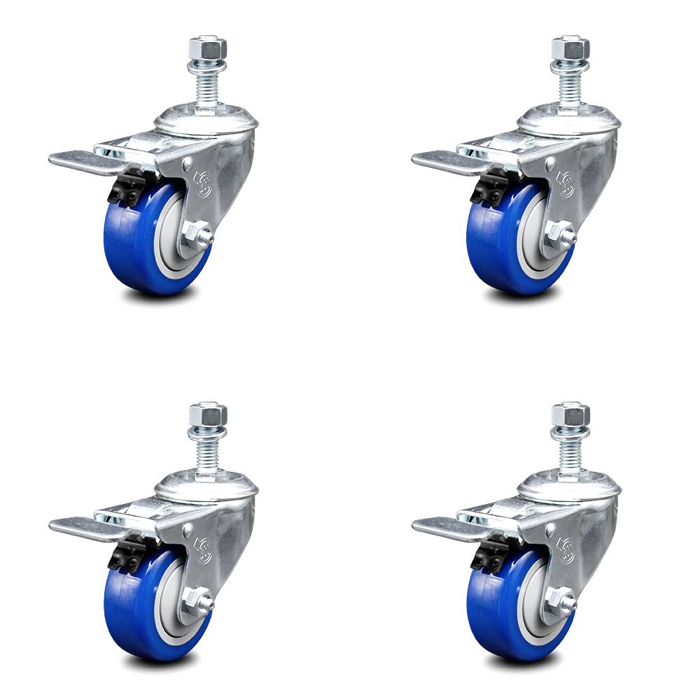 Blue Poly Swivel Caster Set 4 with 3x22 Wheel 12MM Stem W7240