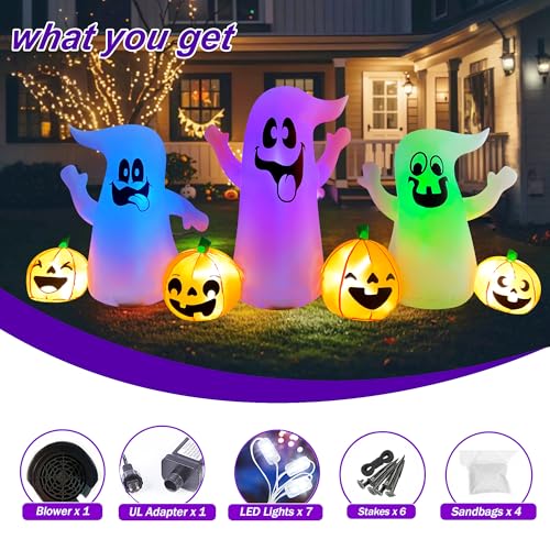 8 Ft Halloween Inflatable Three Ghosts with Pumpkin LED Light Up X46746