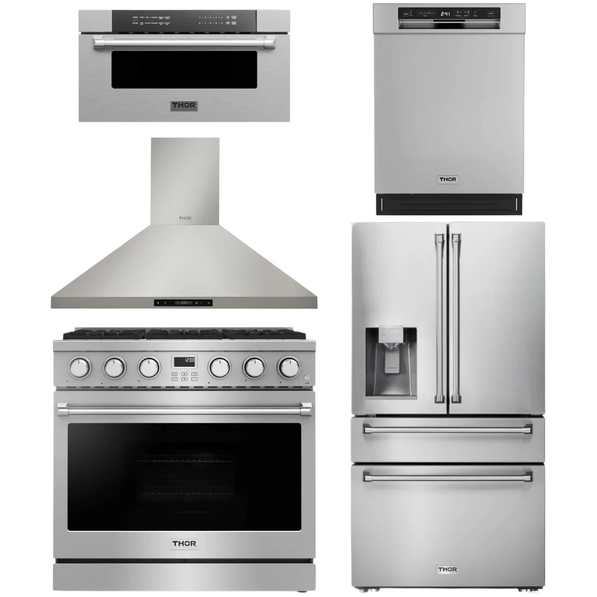 36 Gas Range, Range Hood, Refrigerator, Dishwasher and Microwave J595