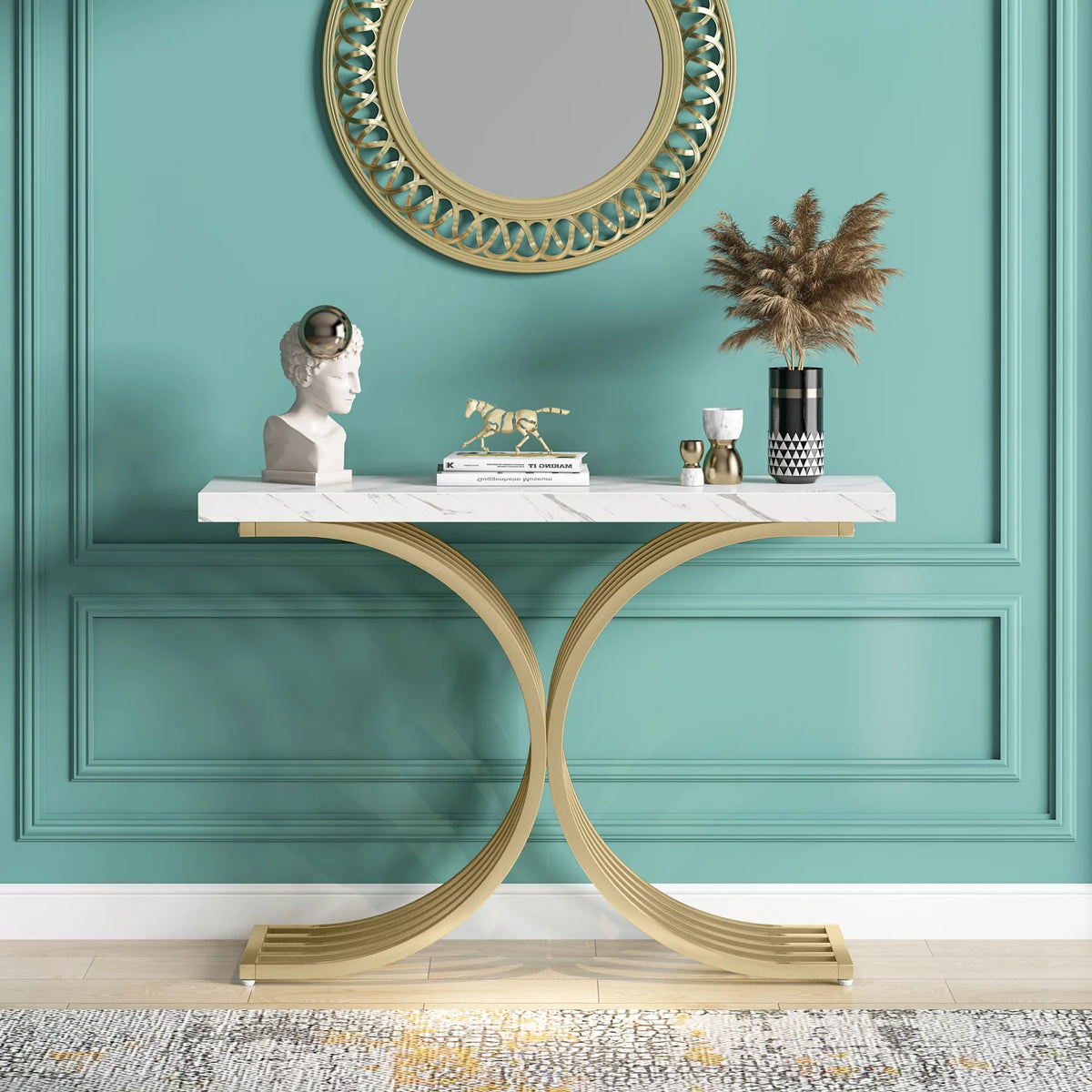 Gold and White Narrow Console Table with Faux Marble Top P3536