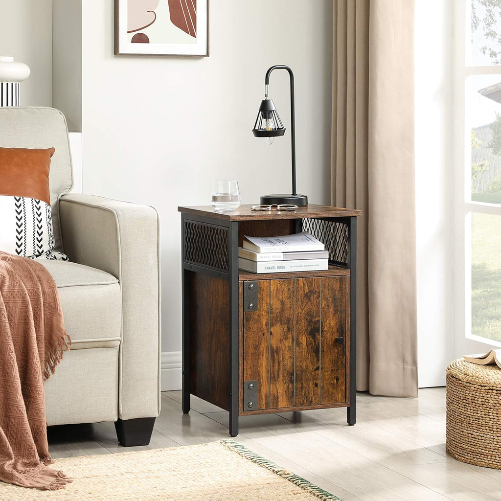 Rustic Brown and Black Nightstand with Open Shelf and Storage Cabinet X526