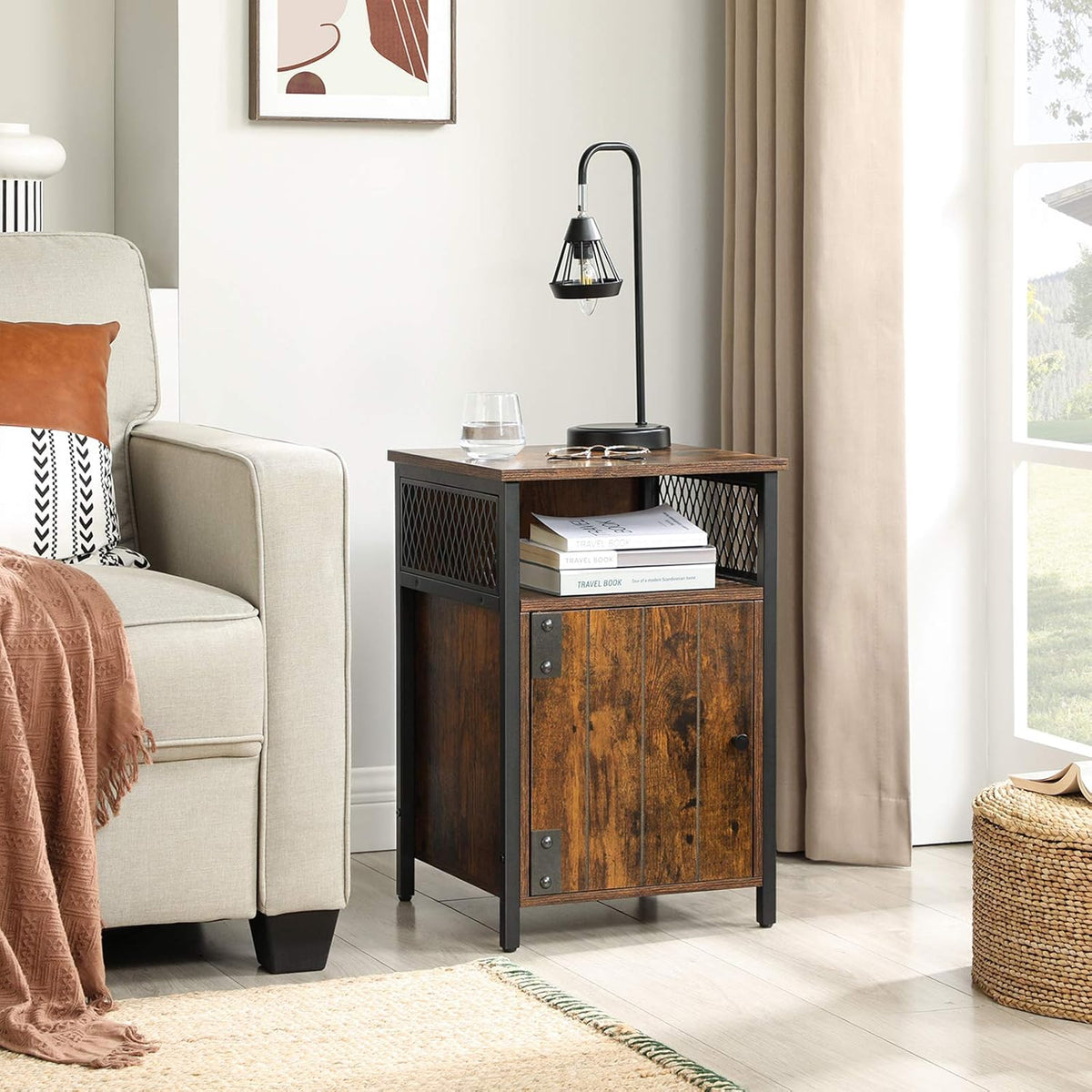 Rustic Brown and Black Nightstand with Open Shelf and Storage Cabinet X526