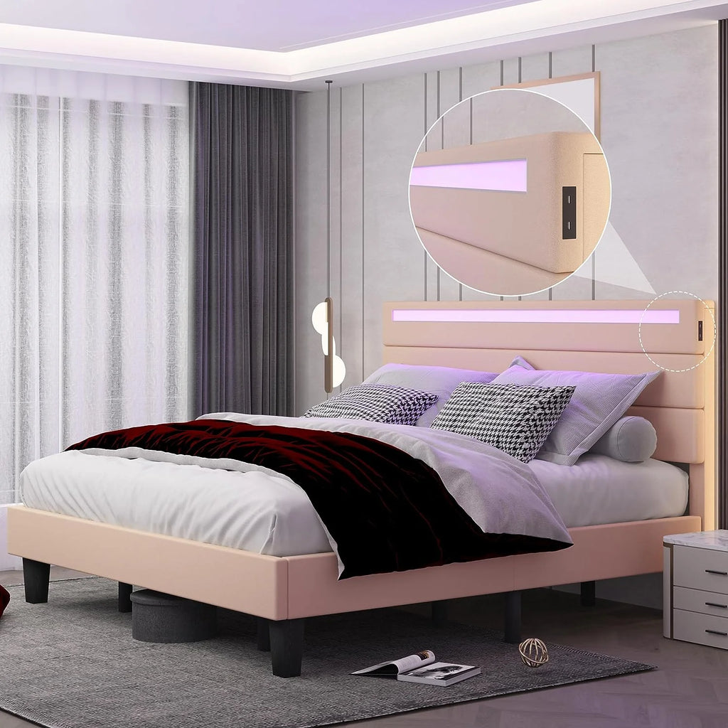 Queen Size Beige Upholstered Platform Bed Frame with Headboard H10363