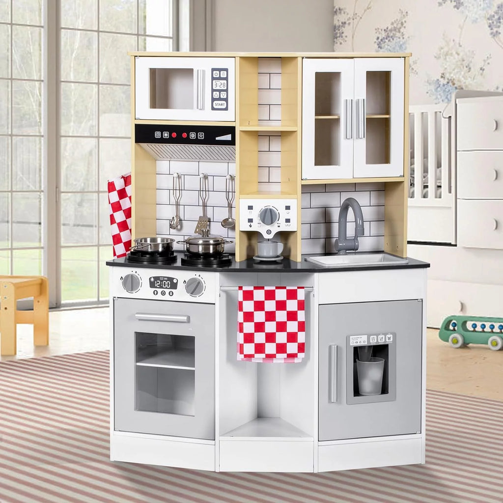 Wooden Play Kitchen with Sink Microwave Oven and Sound U9329
