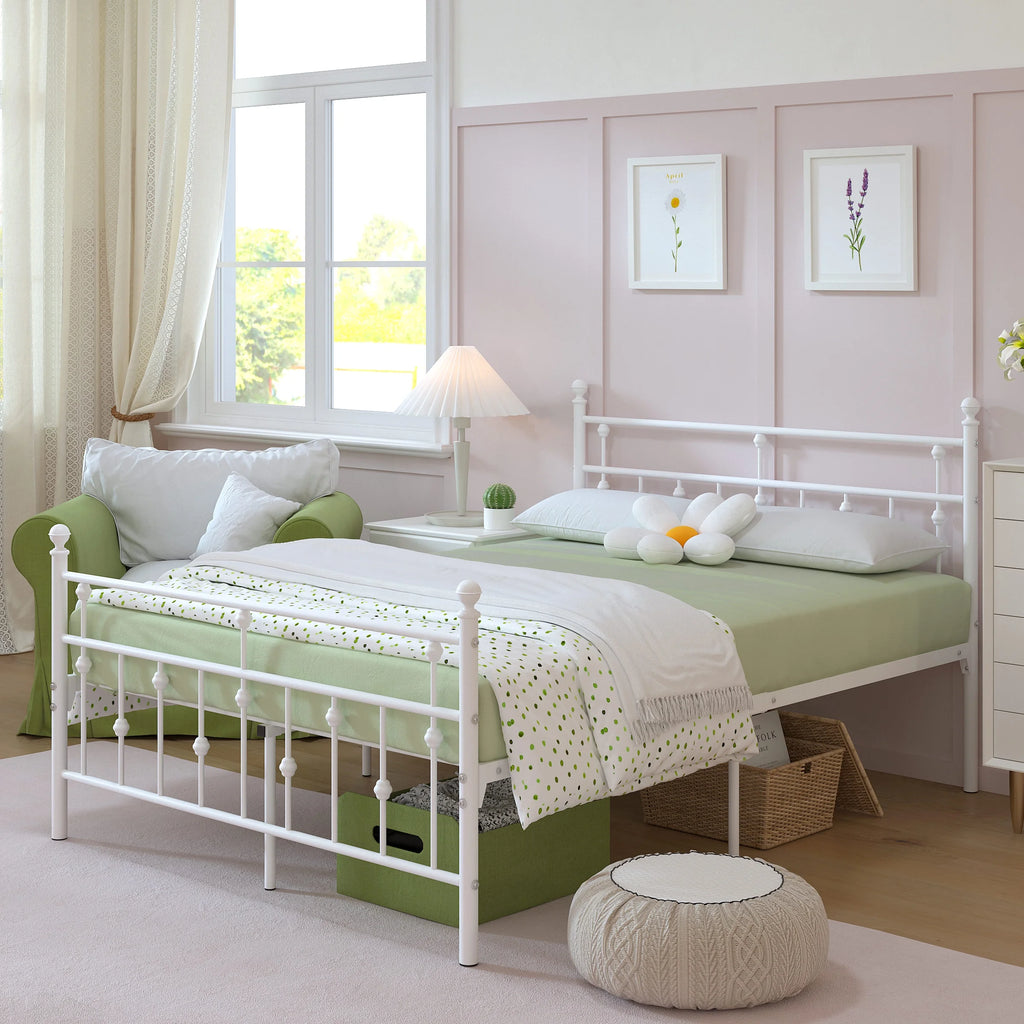 White Full Size Metal Platform Bed Frame with Headboard Footboard J4190