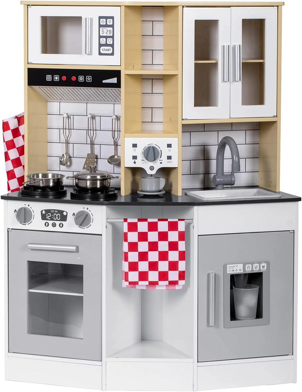 Wooden Play Kitchen with Sink Microwave Oven and Sound U9329