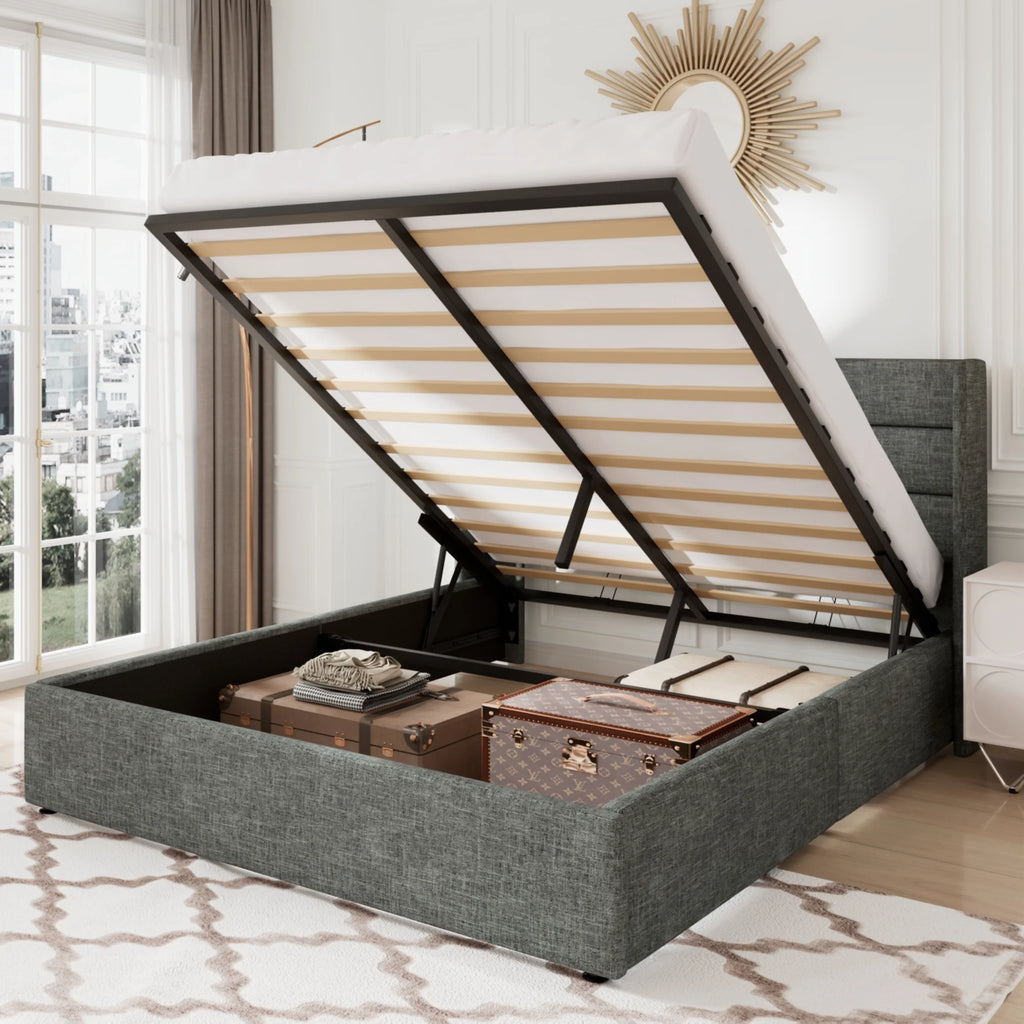 Queen Size Lift Up Storage Bed Frame with Wingback Headboard F4989