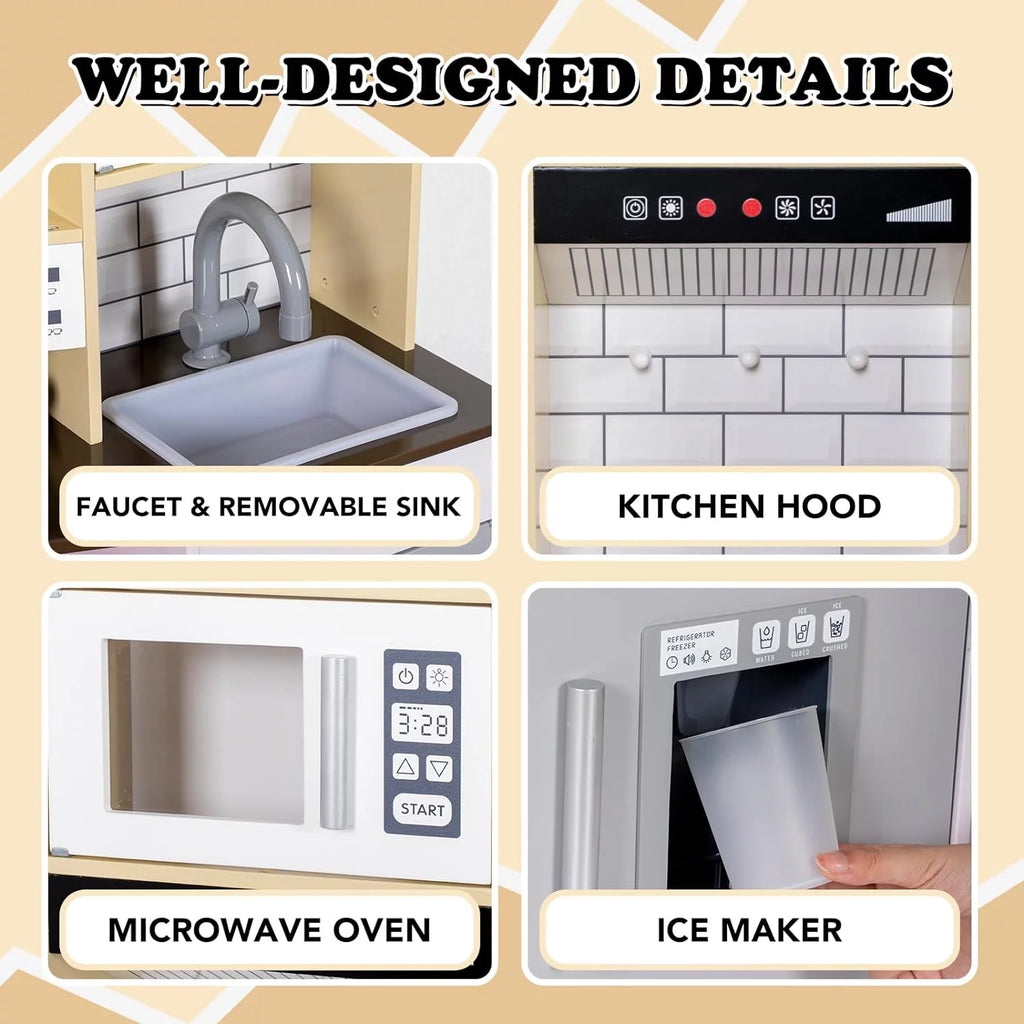 Wooden Play Kitchen with Sink Microwave Oven and Sound U9329