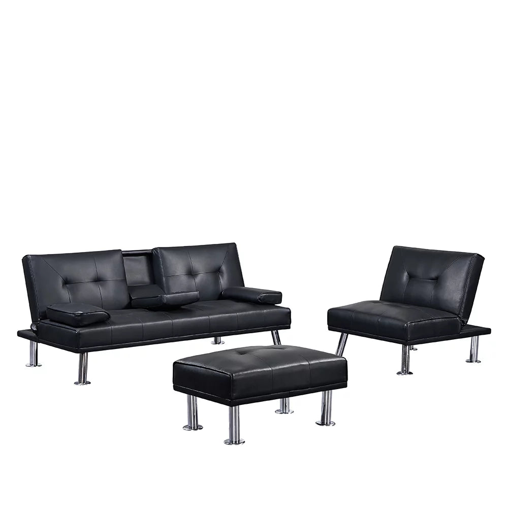 Faux Leather Convertible Futon Sofa Bed with Cup Holders L14993