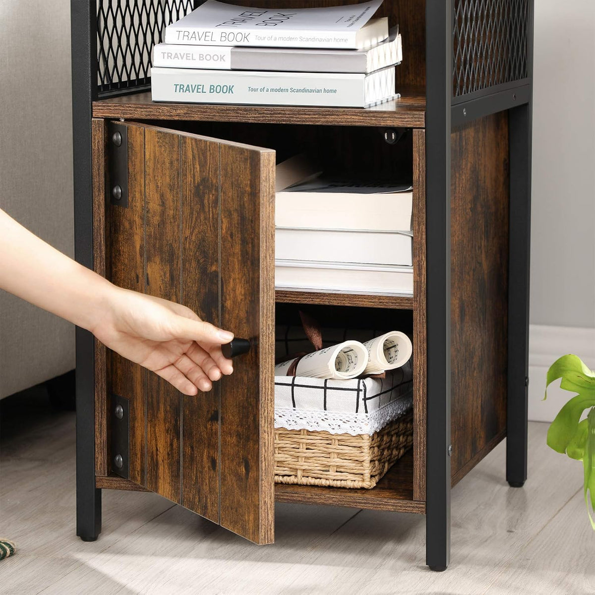 Rustic Brown and Black Nightstand with Open Shelf and Storage Cabinet X526
