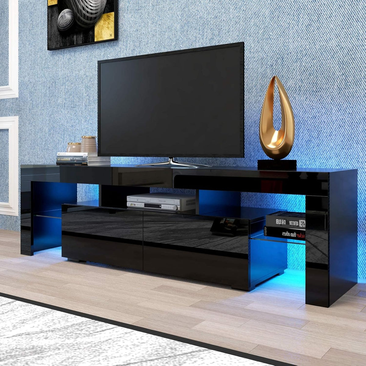 White Wall-Mounted TV Stand with LED Lights and 2 Storage Drawers G85136