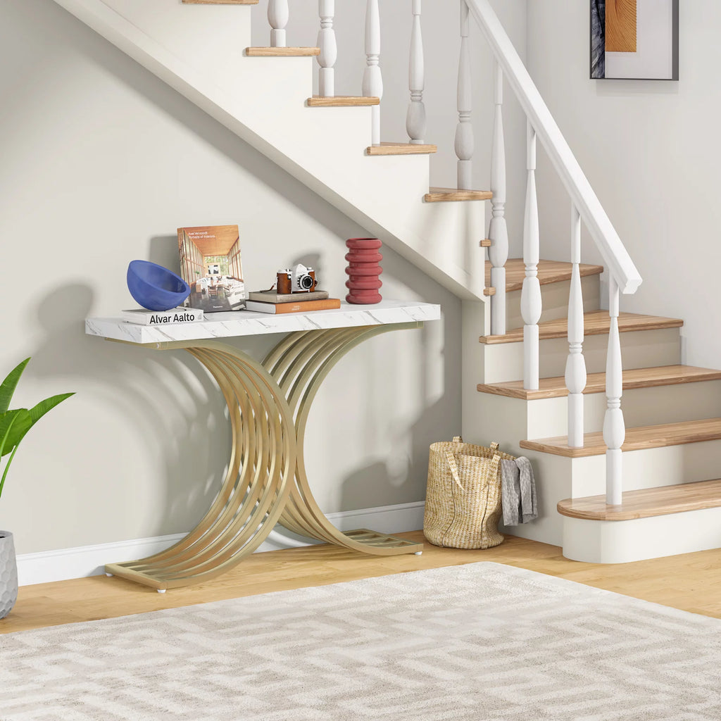 Gold and White Narrow Console Table with Faux Marble Top P3536