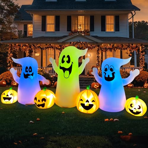 8 Ft Halloween Inflatable Three Ghosts with Pumpkin LED Light Up X46746