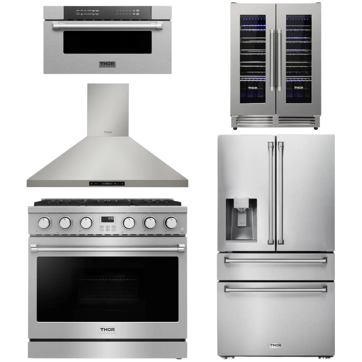 36 Gas Range, Range Hood, Refrigerator, Microwave and Wine Cooler P420