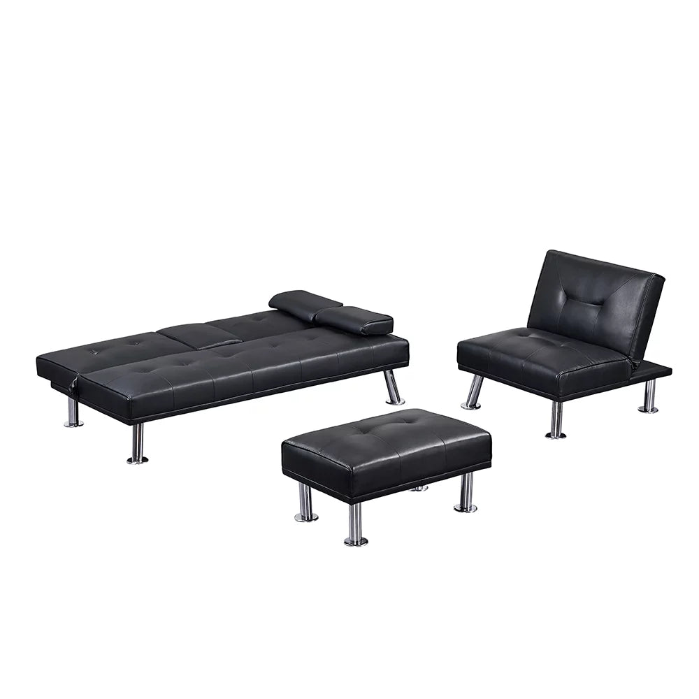 Faux Leather Convertible Futon Sofa Bed with Cup Holders L14993