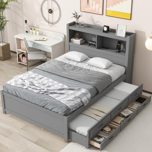 White Full Size Wood Storage Bed with Bookcase Headboard and Trundle Z1507