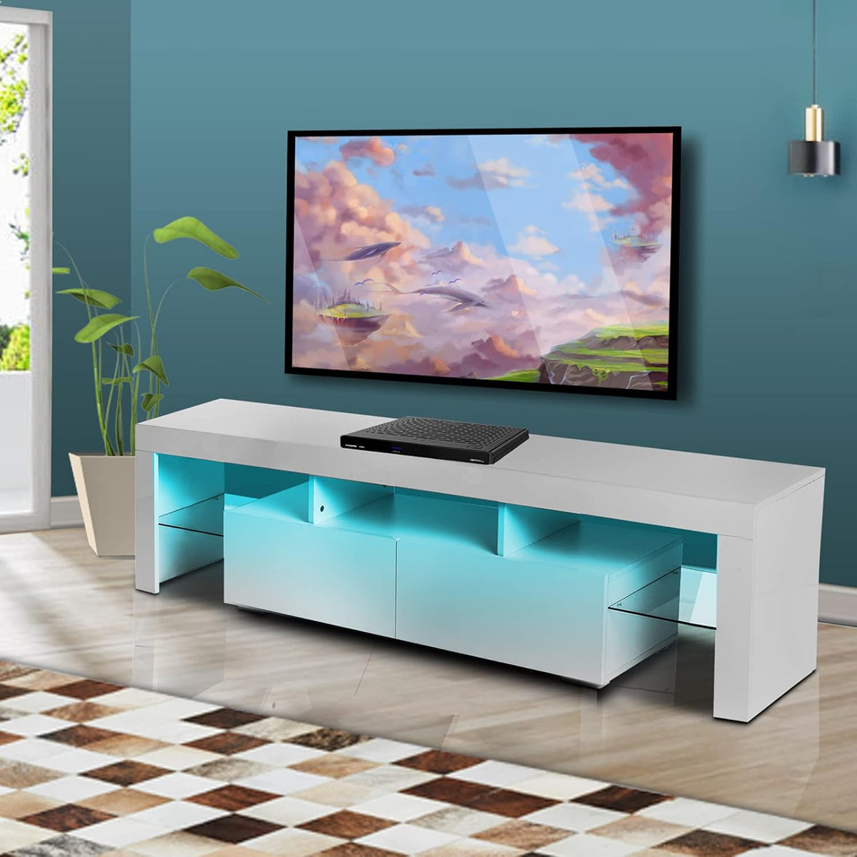 White Wall-Mounted TV Stand with LED Lights and 2 Storage Drawers G85136