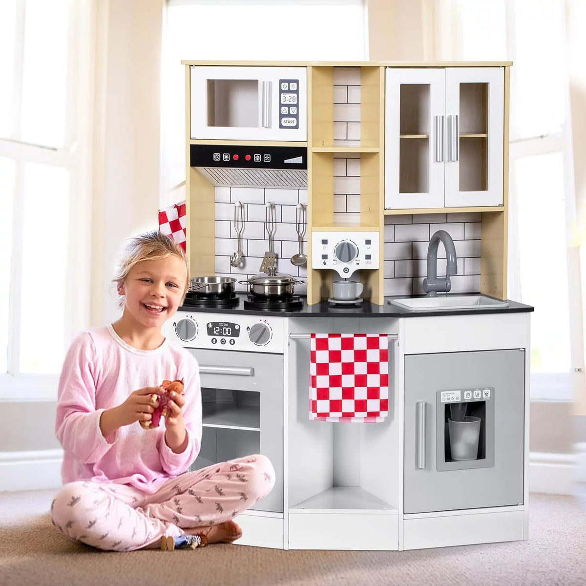 Wooden Play Kitchen with Sink Microwave Oven and Sound U9329
