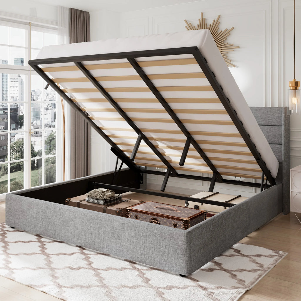 Queen Size Lift Up Storage Bed Frame with Wingback Headboard F4989