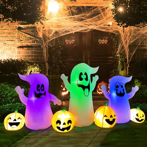 8 Ft Halloween Inflatable Three Ghosts with Pumpkin LED Light Up X46746