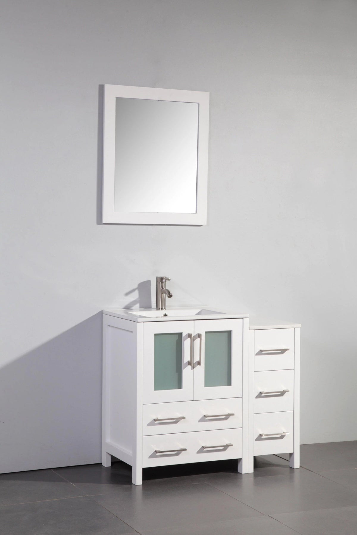 36 in. White Single Sink Vanity Cabinet with Ceramic Sink & Mirror L44076