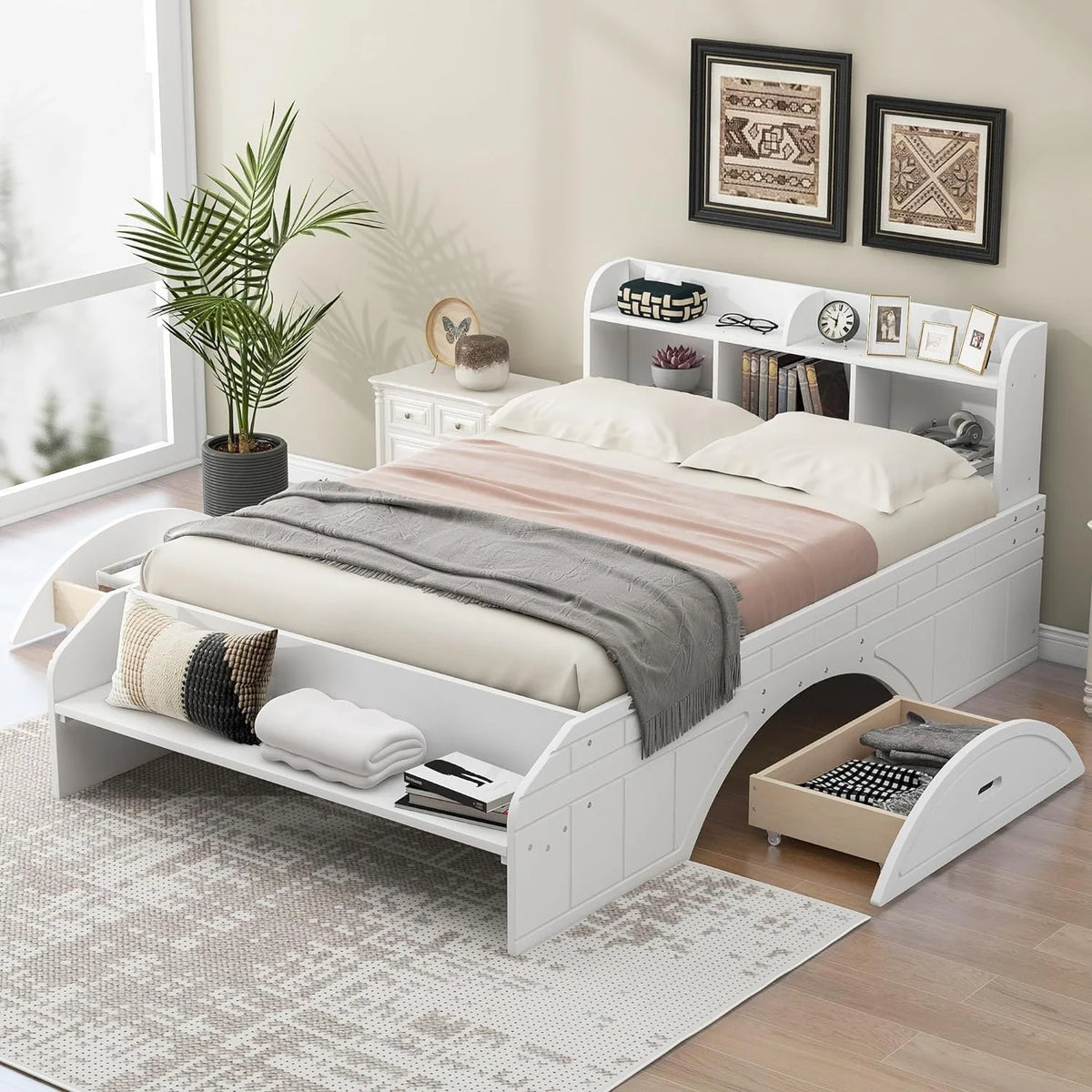 White Wood Full Size Platform Bed with Bookcase Headboard and 2 Drawers K899005