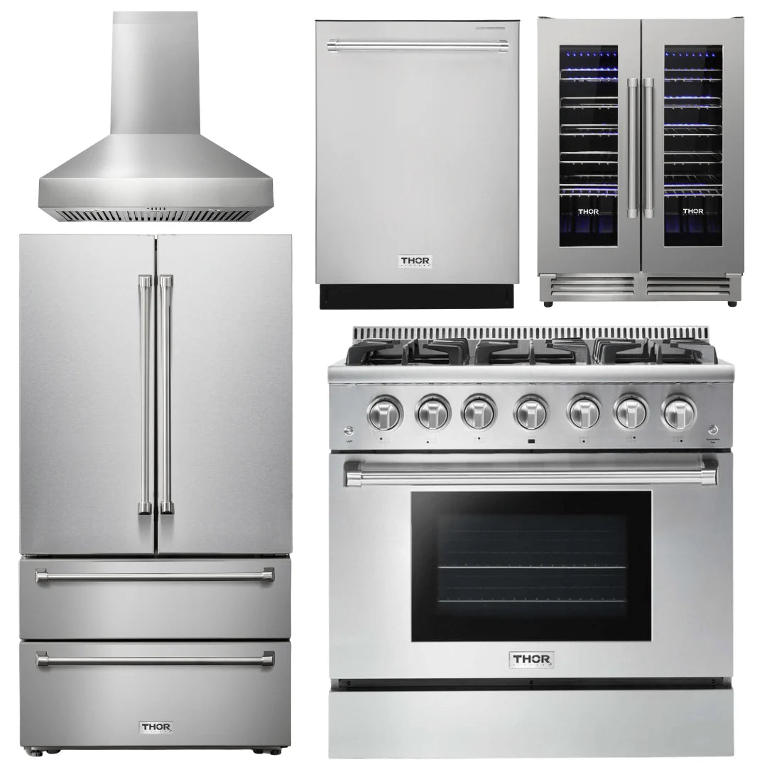 36 In. Natural Gas Range, Range Hood, Refrigerator, Dishwasher, Wine Cooler W89395
