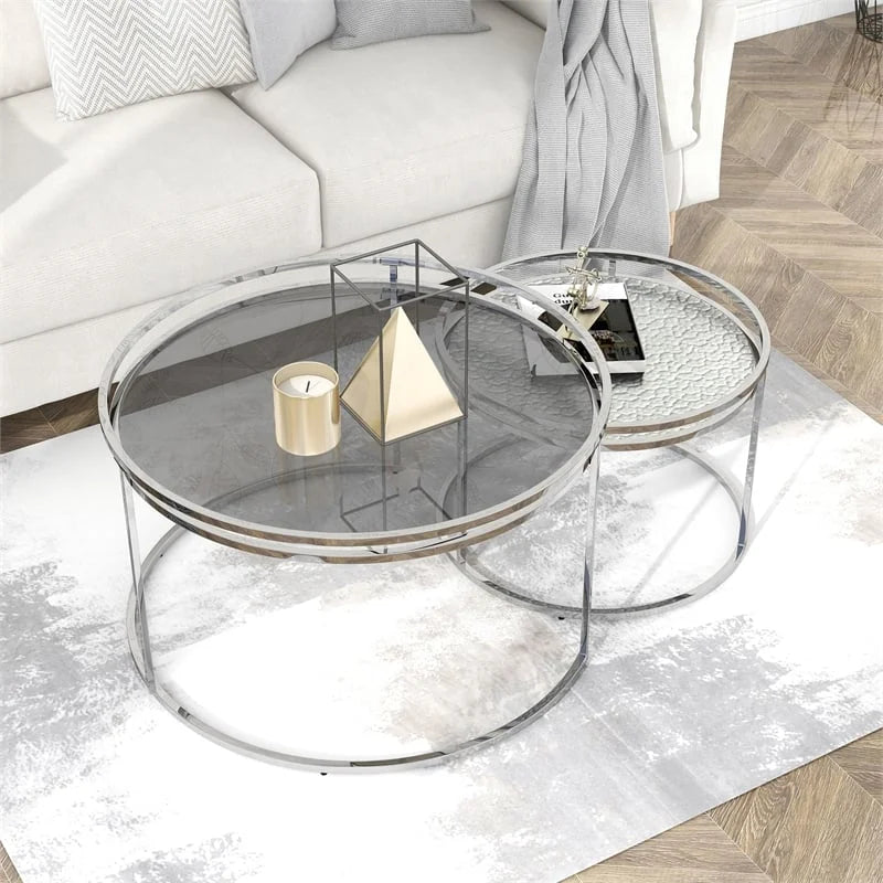 Metal Glass Top 2-Piece Nesting Tables Set in Gray G905