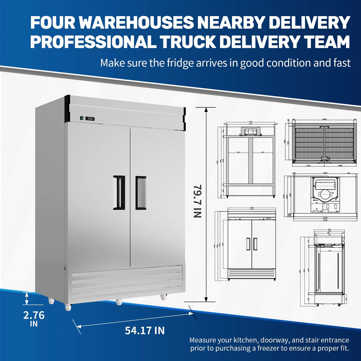 54" 2-Door 49 Cu.Ft Stainless Steel Reach-in Refrigerator with Lock A46760