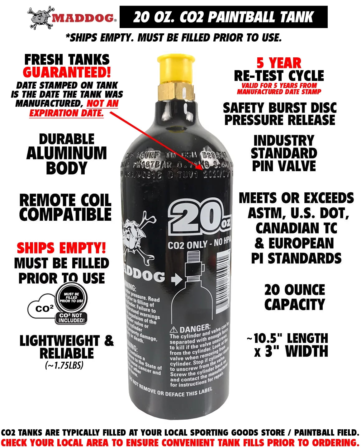 20 Oz CO2 Aluminum Paintball Tank Black Y93718