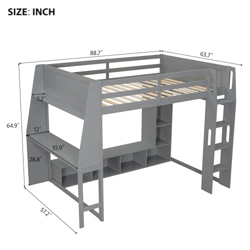 Twin Solid Wood Loft Bed with Desk and Storage H990
