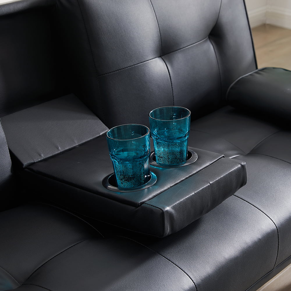 Faux Leather Convertible Futon Sofa Bed with Cup Holders L14993