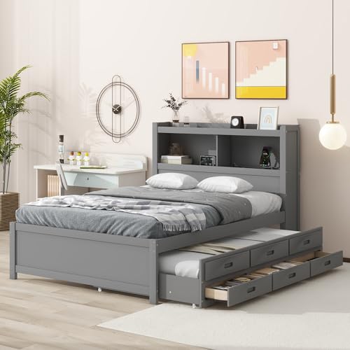 White Full Size Wood Storage Bed with Bookcase Headboard and Trundle Z1507