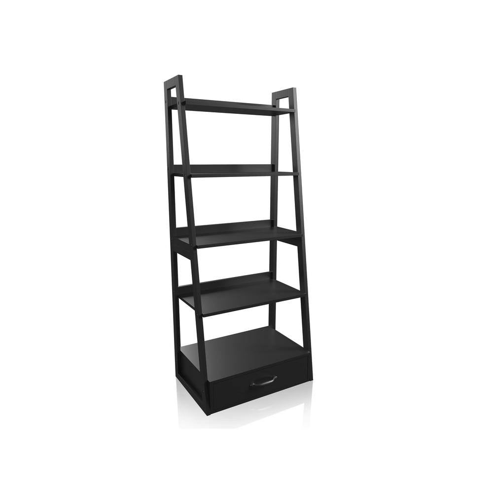 Black Wood 5-Shelf Ladder Bookcase with Drawers U47724