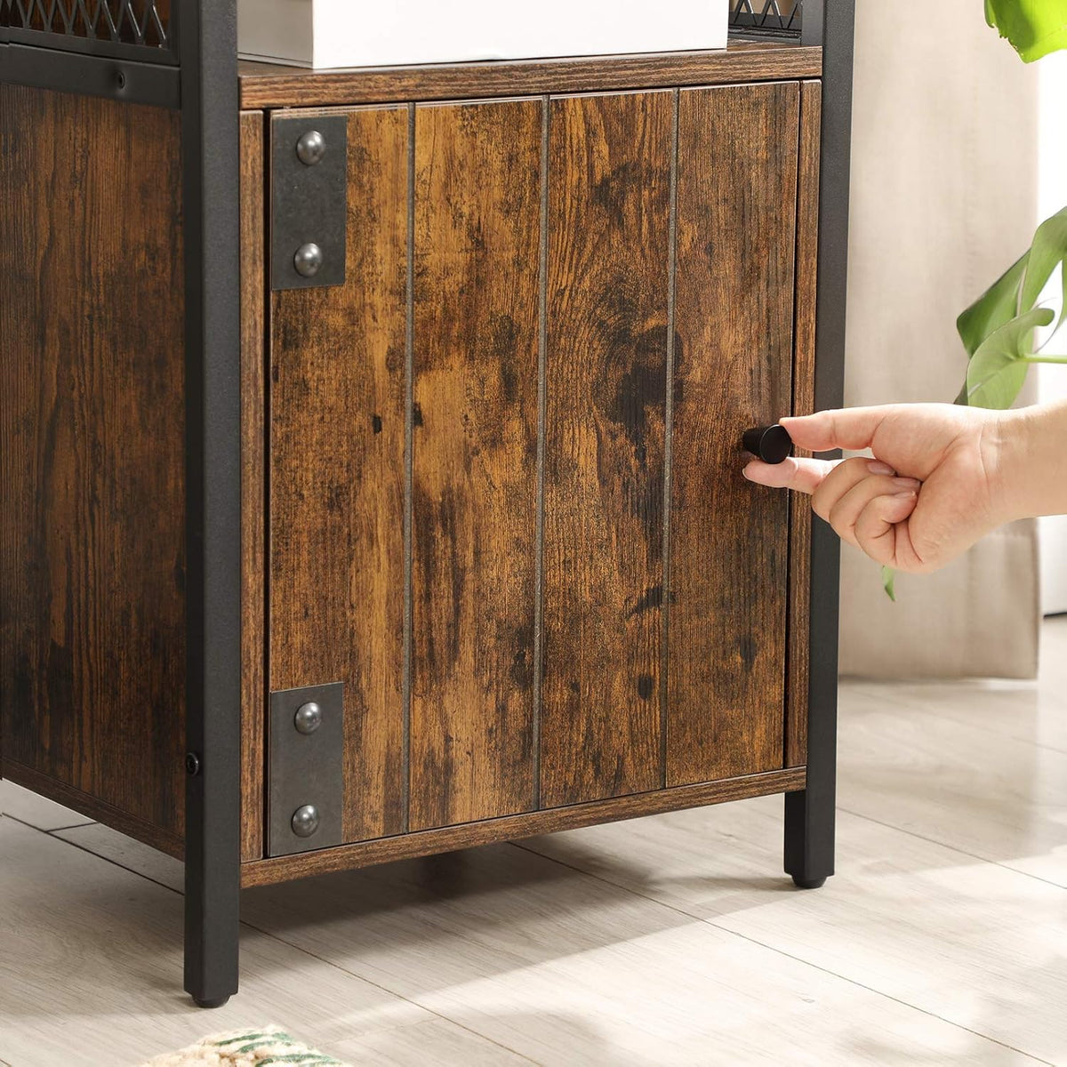 Rustic Brown and Black Nightstand with Open Shelf and Storage Cabinet X526
