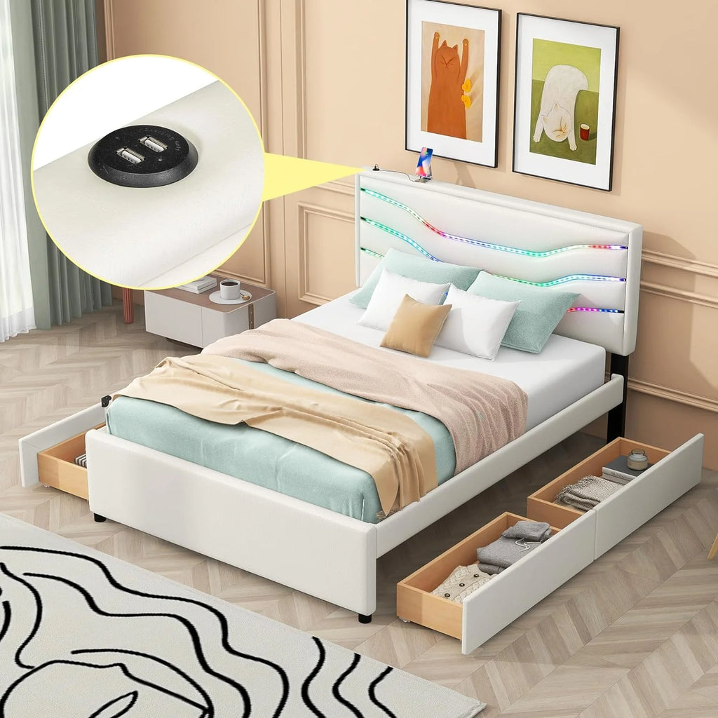 White Queen Upholstered Platform Bed Frame with Storage Drawers J38362