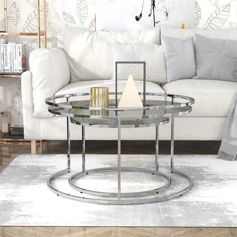 Metal Glass Top 2-Piece Nesting Tables Set in Gray G905