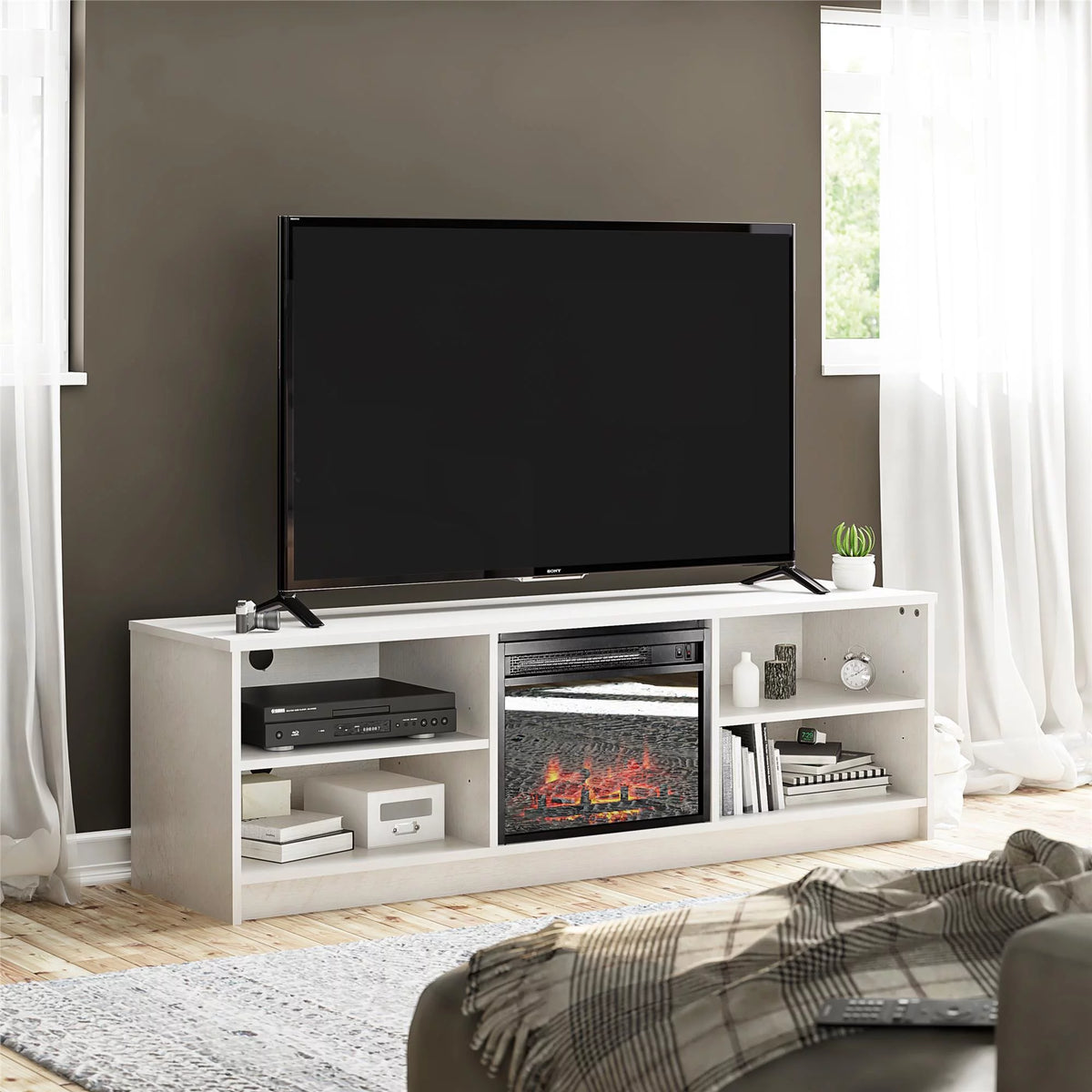 65 TV Stand with Electric Fireplace Insert and 4 Shelves Ivory Oak F799