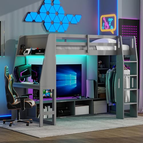Twin Solid Wood Loft Bed with Desk and Storage H990