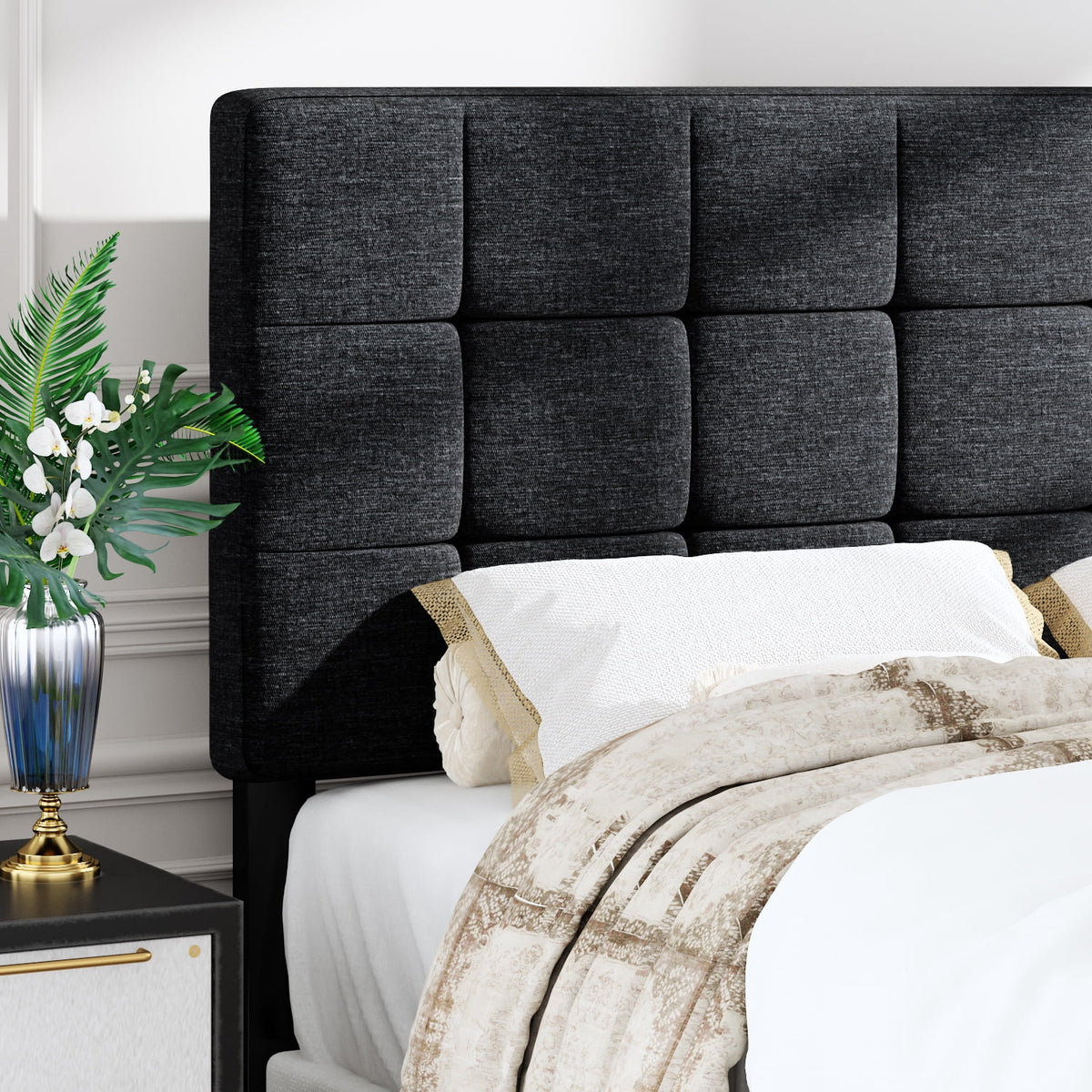 Queen Size Grey Upholstered Panel Platform Bed Frame K68590