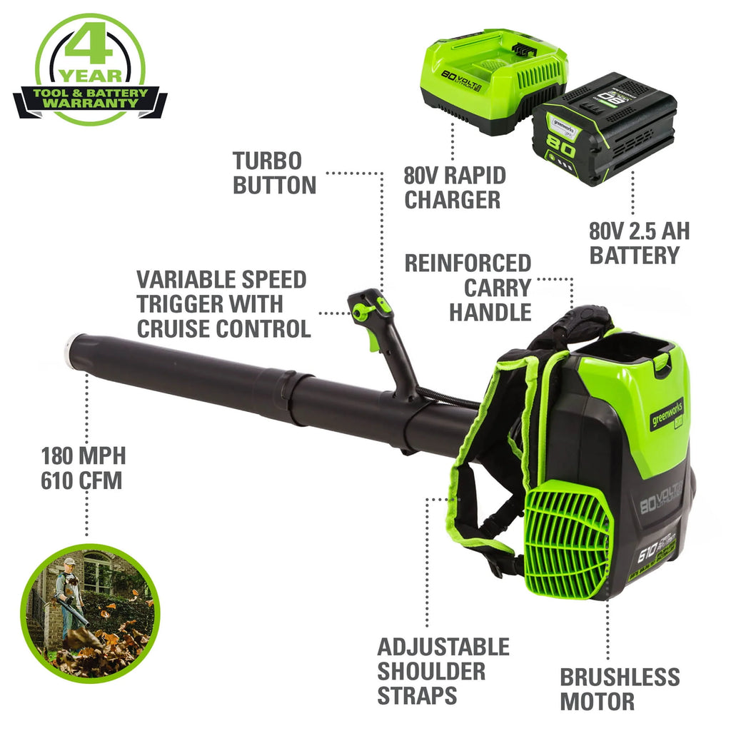 80V 610 CFM Brushless Backpack Blower with 2.5 Ah Battery & Charger B637