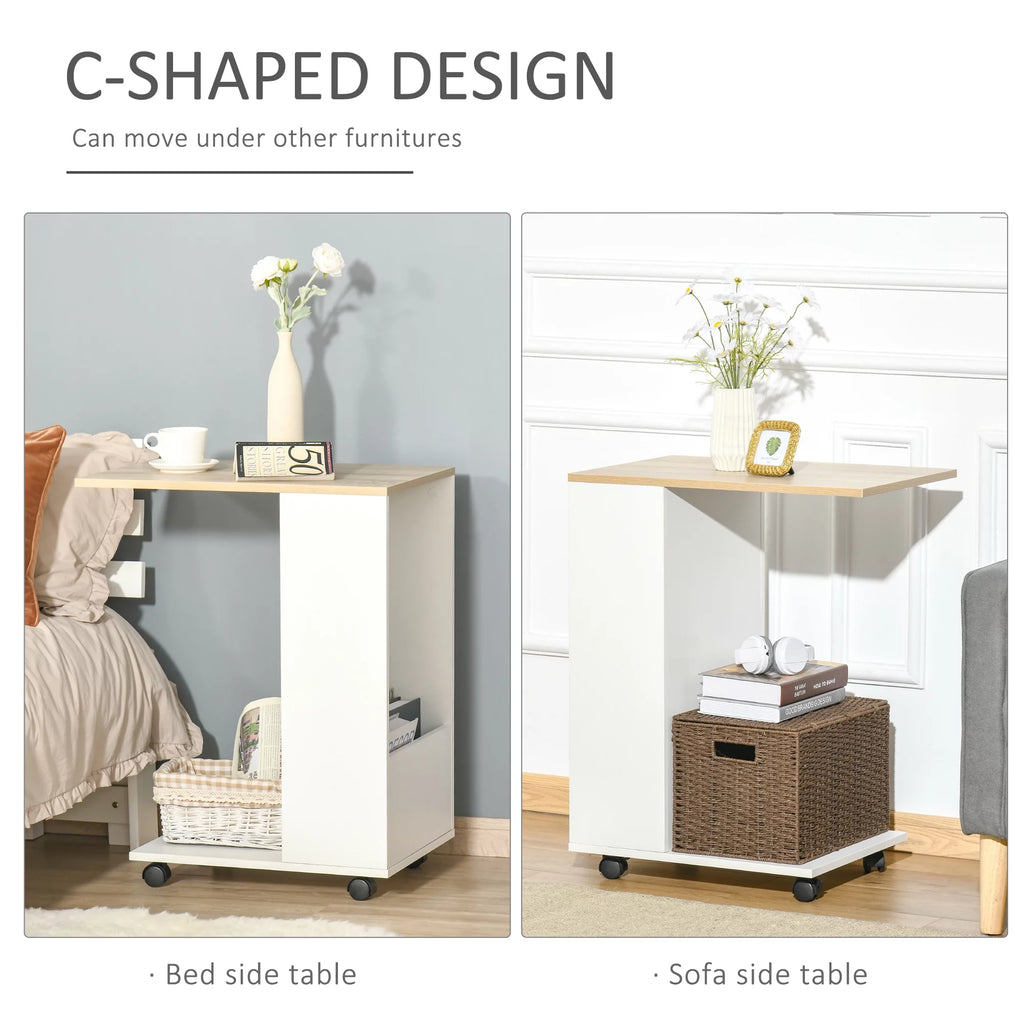 C-Shaped Sofa Side Table with Storage and Wheels N173