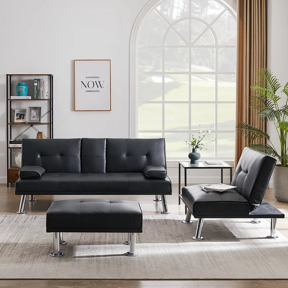 Faux Leather Convertible Futon Sofa Bed with Cup Holders L14993