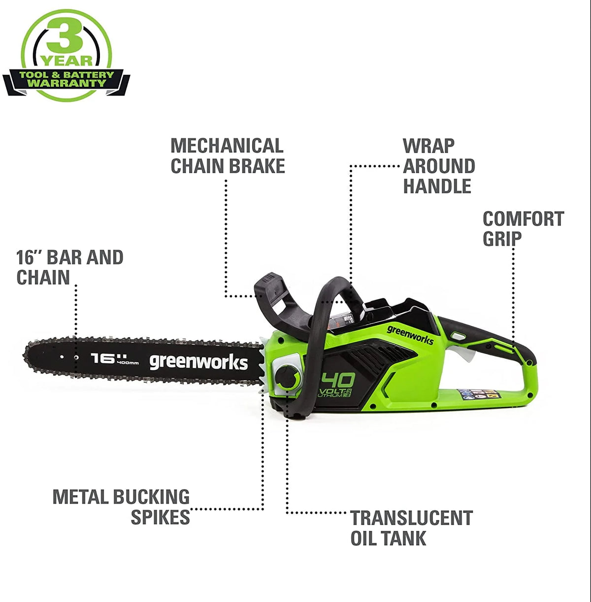 40V 16-inch Brushless Chainsaw with 4 Ah Battery and Charger V9950