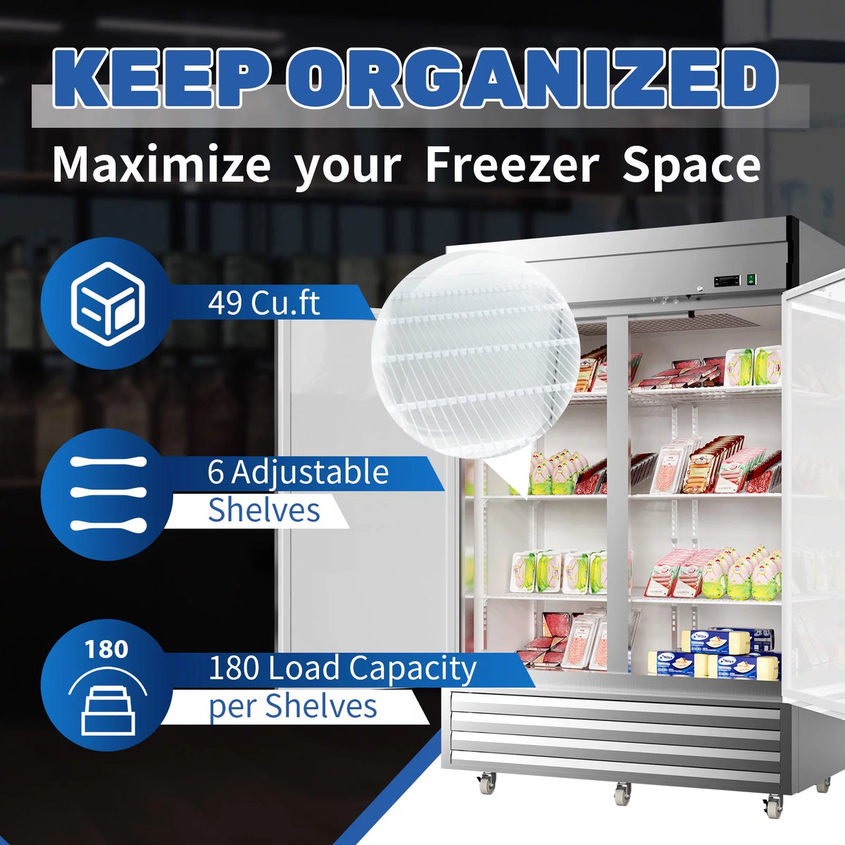 54" 2-Door 49 Cu.Ft Stainless Steel Reach-in Refrigerator with Lock A46760