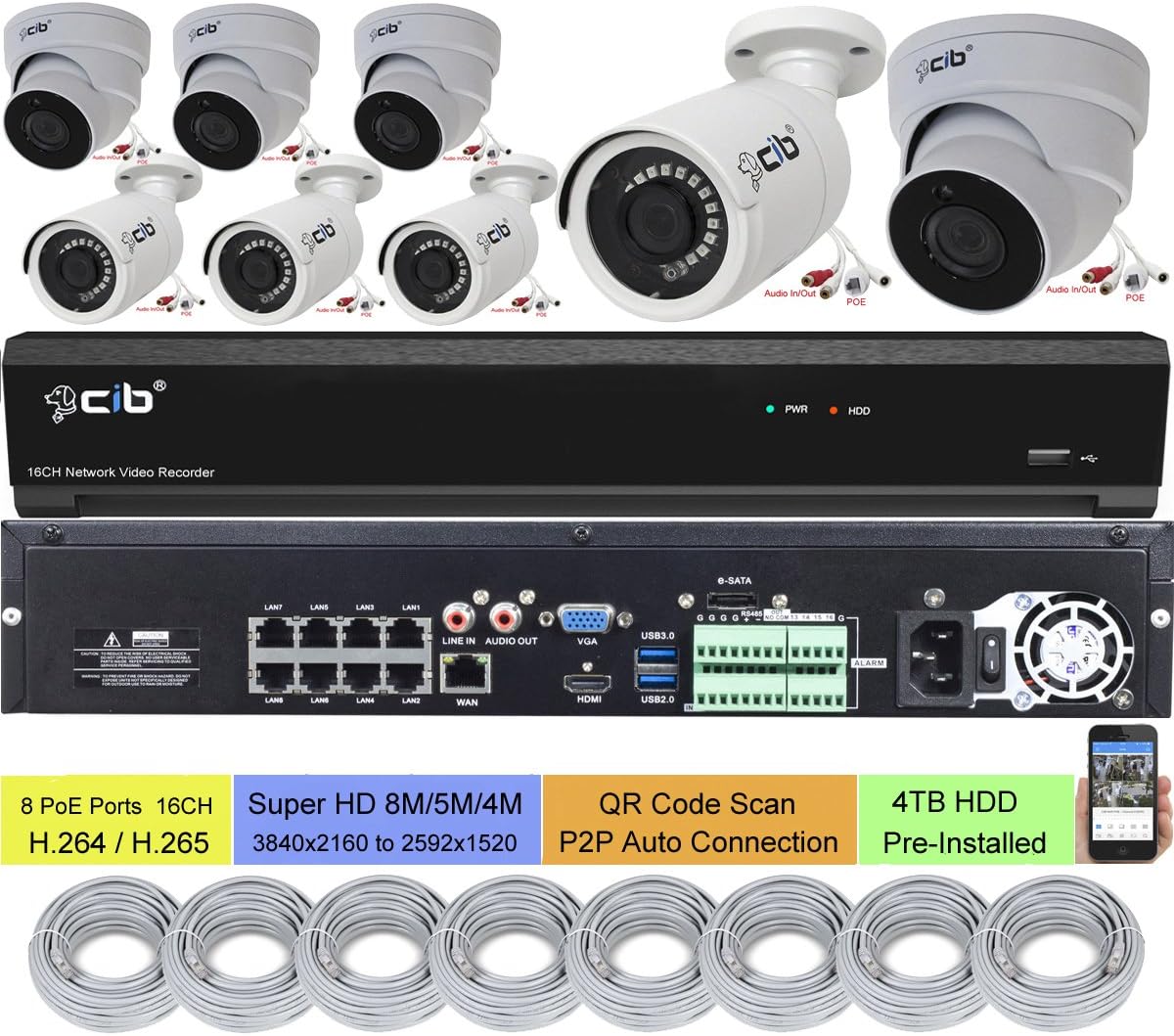 16CH NVR 8MP 4K H.265 with 4TB HDD and 8 Cameras T540635