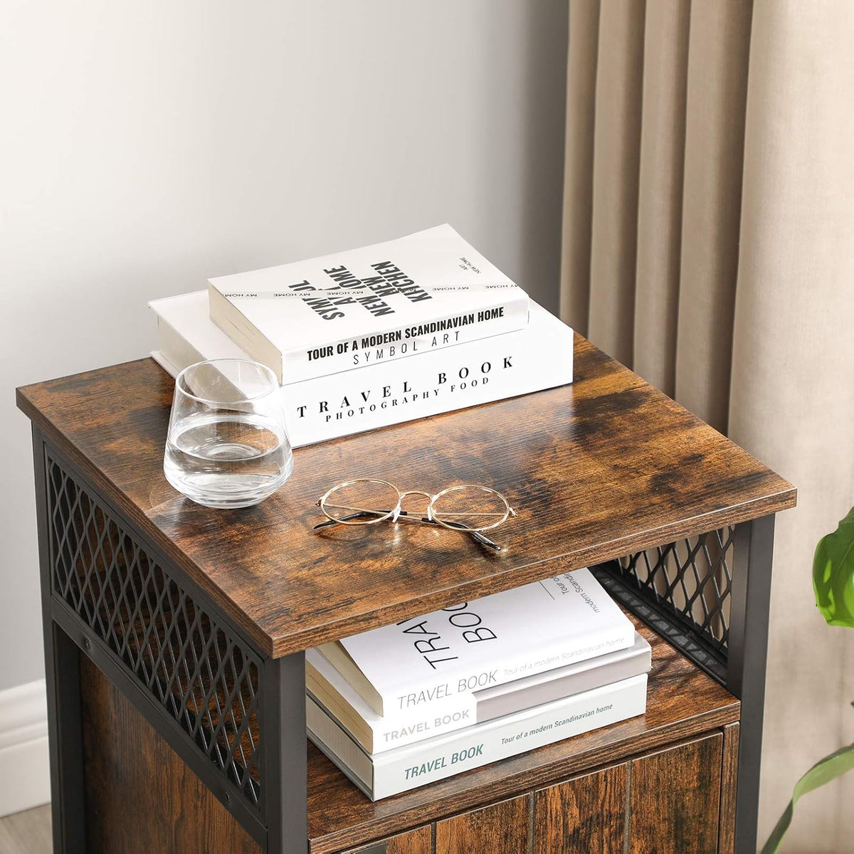 Rustic Brown and Black Nightstand with Open Shelf and Storage Cabinet X526
