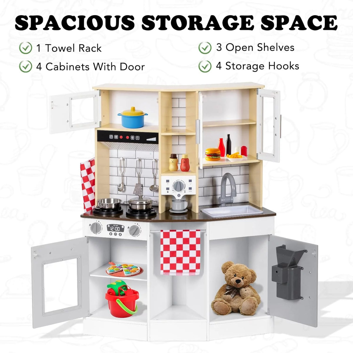 Wooden Play Kitchen with Sink Microwave Oven and Sound U9329