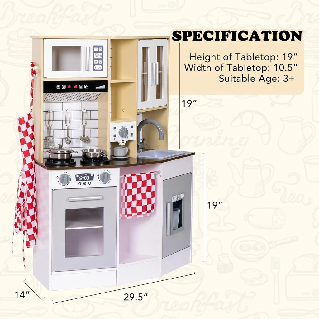 Wooden Play Kitchen with Sink Microwave Oven and Sound U9329